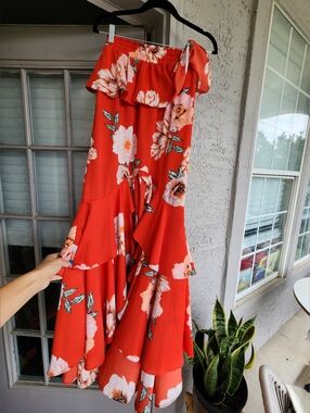 Misa Red Floral Off-Shoulder Ruffle Maxi Dress B13